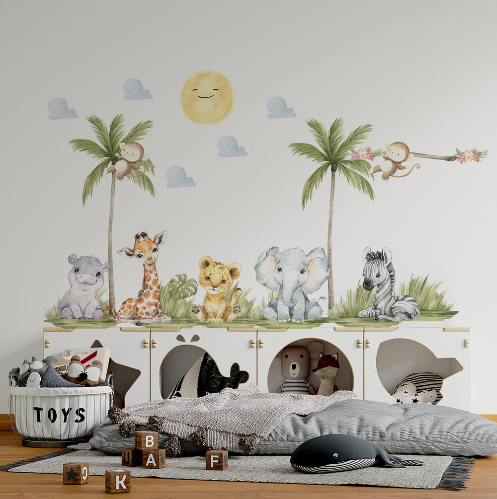 Sweet Safari for little ones jungle wall decals – 7 gentle animals: lion, hippo, giraffe, zebra, elephant and 2 monkeys