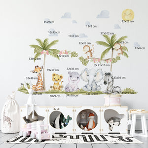Sweet safari peel and stick element sizes for two 130x70cm sheets. Each decal is cut separately.