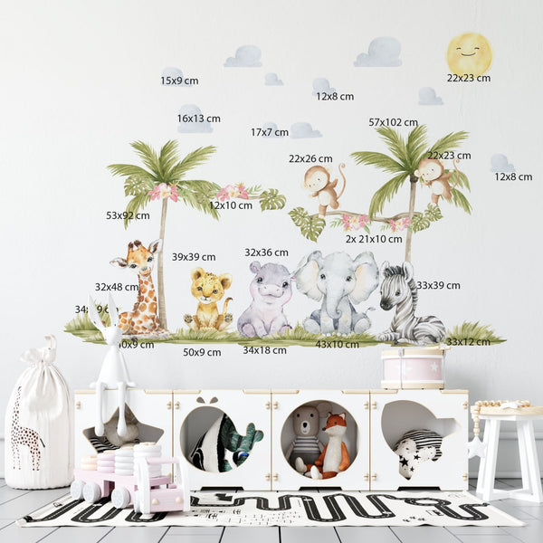 Sweet safari peel and stick element sizes for two 130x70cm sheets. Each decal is cut separately.