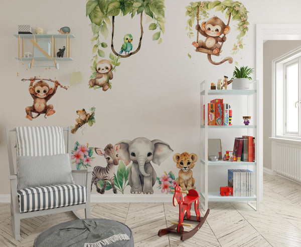 Composition of sweet African animals wall decals with monkeys, elephant and zebra – charming jungle nursery stickers by Igibee