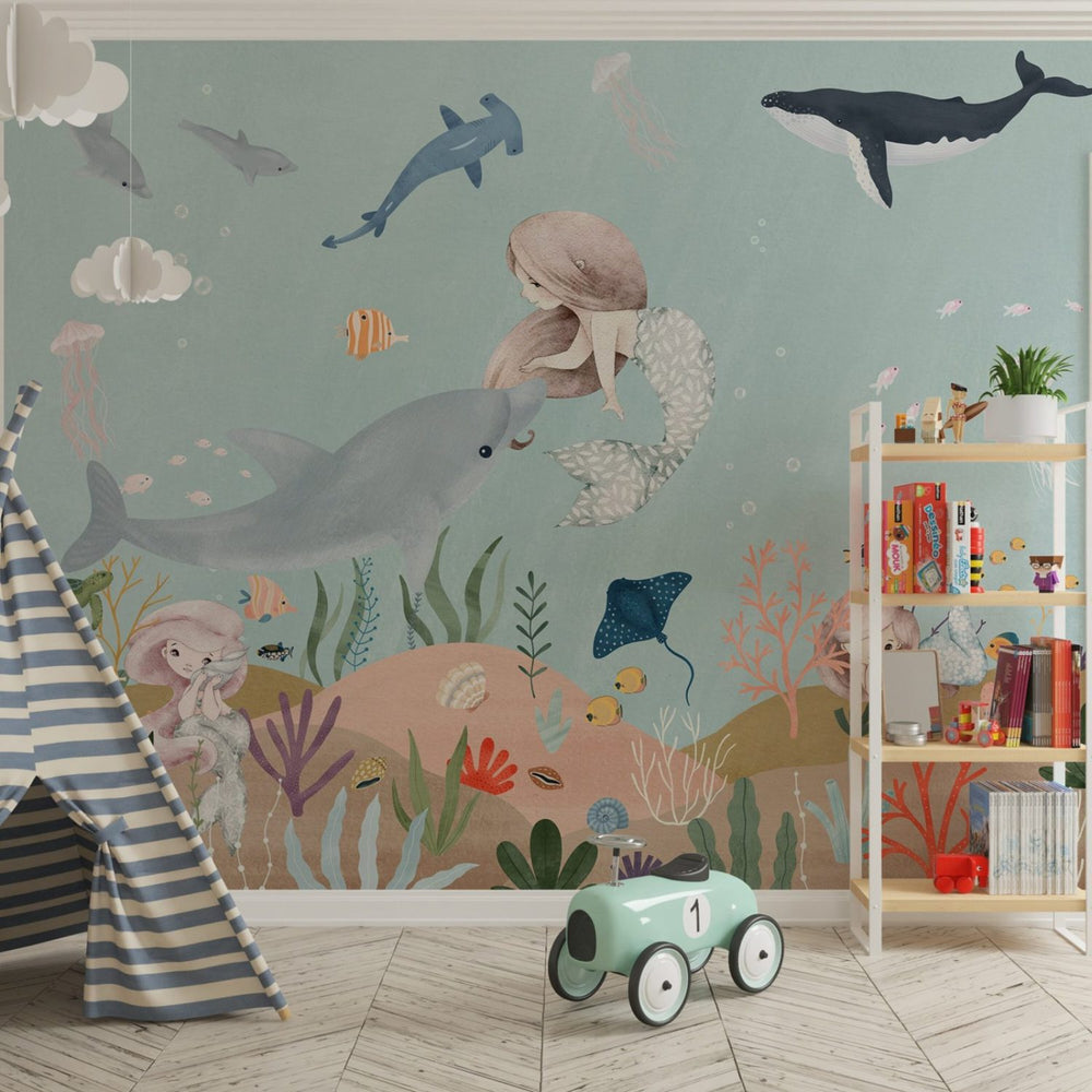 Mermaid and dolphin sea wallpaper for kids room by Igibee