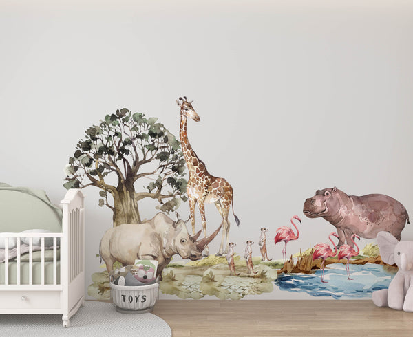 Tall giraffe with elegant flamingos wall stickers – beautiful savanna animals peel and stick decals for kids room by Igibee