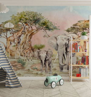 Elephant and giraffe wallpaper detail for nursery by Igibee