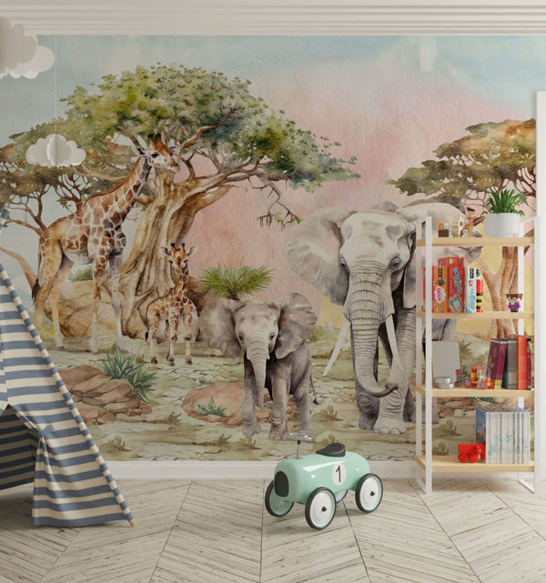 Elephant and giraffe wallpaper detail for nursery by Igibee