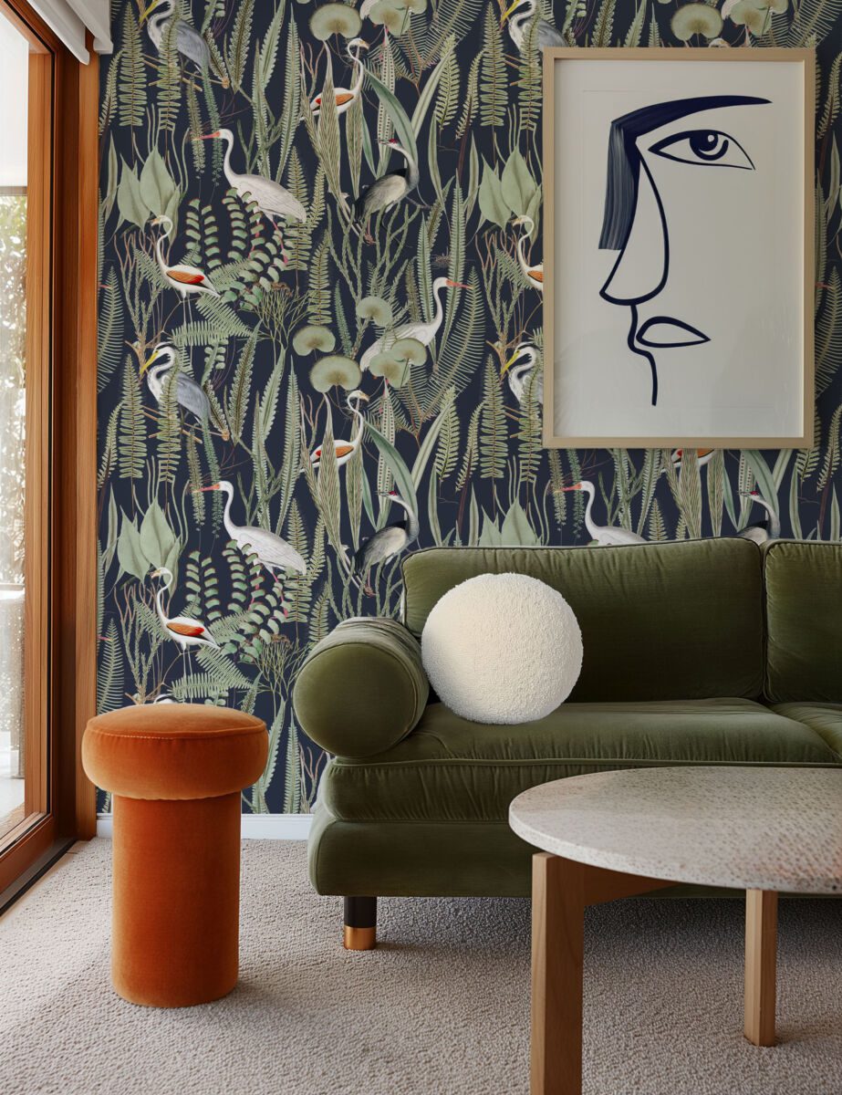 Dark crane wallpaper with botanical motifs by Igibee
