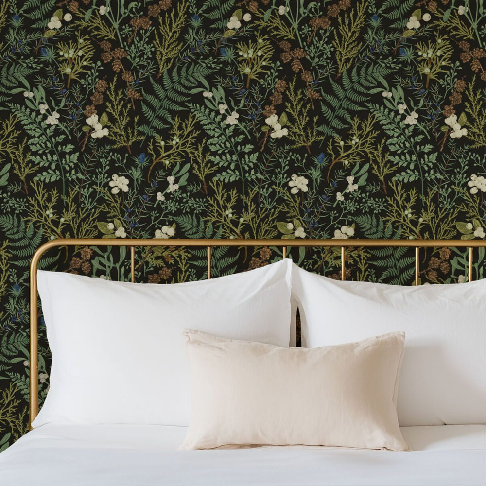 Dark fern botanical wallpaper for living room by Igibee