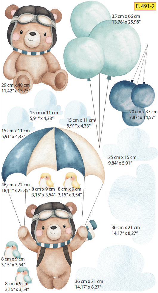 Teddy bear aviator adventure wall stickers - educational flying bears collection for kids room by Igibee