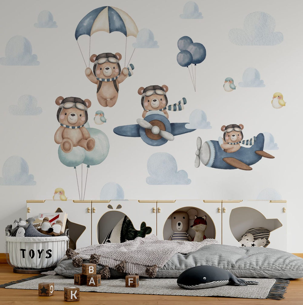 Teddy Bear Aviators adventure sticker set - cute pilot bears with planes for kids room by Igibee