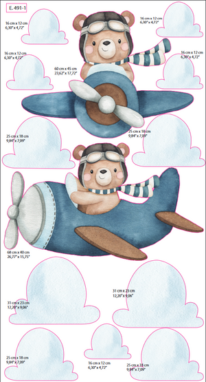 Teddy bear pilot adventure stickers - educational flying theme wall decals for kids room by Igibee