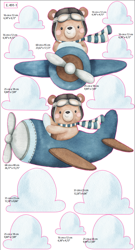 Teddy bear pilot adventure stickers - educational flying theme wall decals for kids room by Igibee
