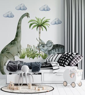 Triceratops and Diplodocus dinosaur wall stickers - prehistoric themed decor for kids bedroom by Igibee