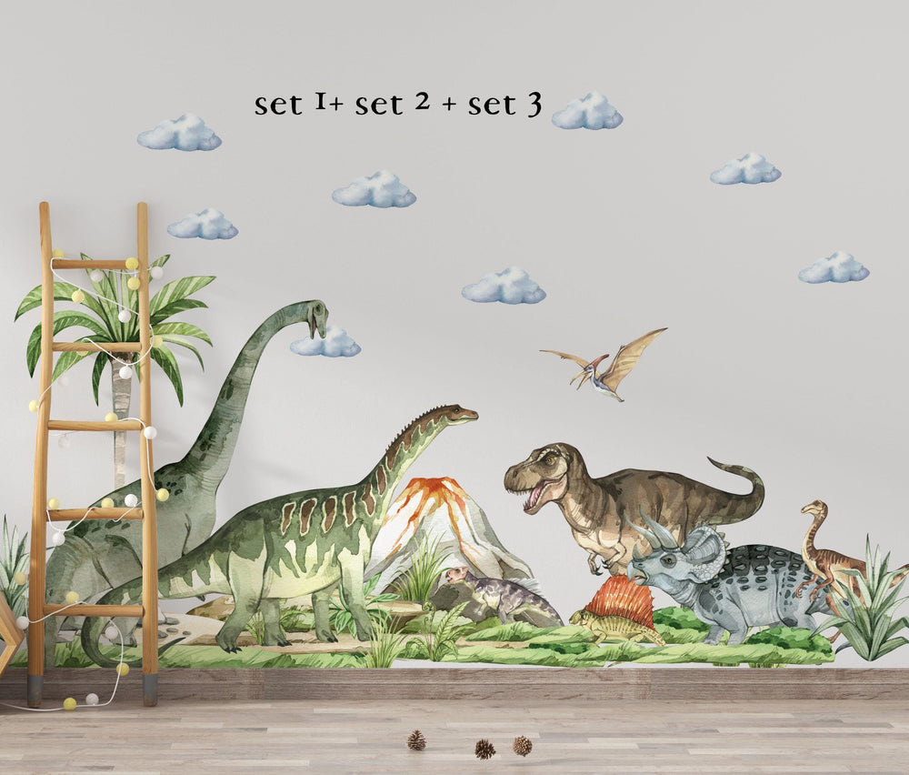 Huge Dinosaur Wall Decal set with sauropods, T-Rex, triceratops and volcanoes - prehistoric adventure stickers by Igibee