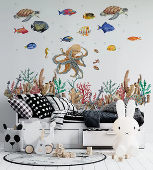 Tropical coral reef lagoon wall stickers - vibrant underwater scene for kids bathroom decor by Igibee