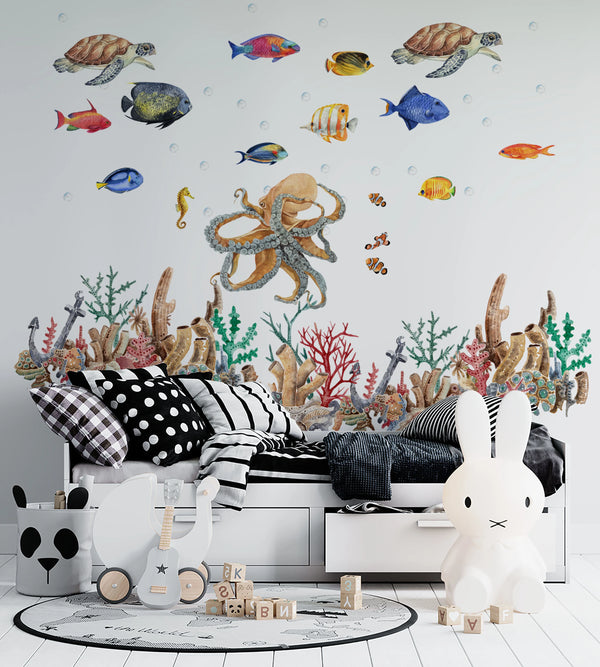 Tropical coral reef lagoon wall stickers - vibrant underwater scene for kids bathroom decor by Igibee
