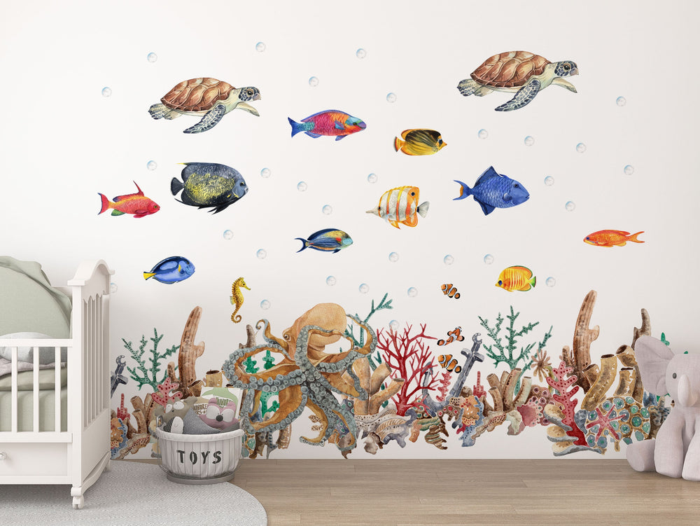Colorful coral reef creatures wall decals - tropical sea animals for nursery decoration by Igibee