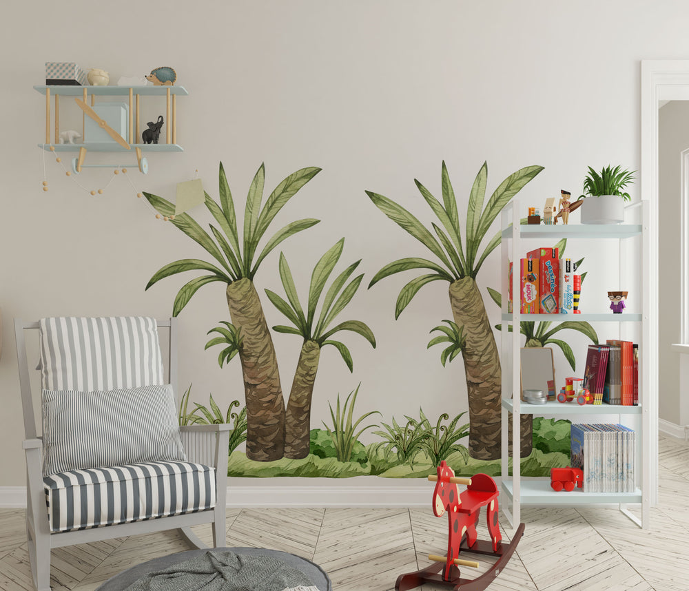 Palm trees and ferns wall stickers - tropical dinosaur jungle theme removable decals for kids room by Igibee