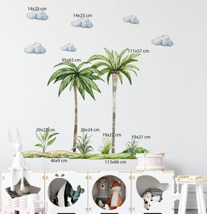 Tropical palm trees and fluffy clouds wall stickers - nature elements decor for kids room by Igibee