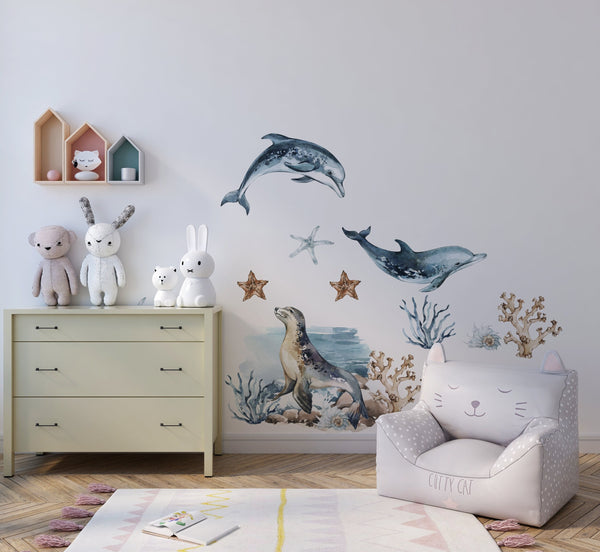 Sea World dolphins and sea lion wall decals - marine animals peel and stick nursery decor by Igibee