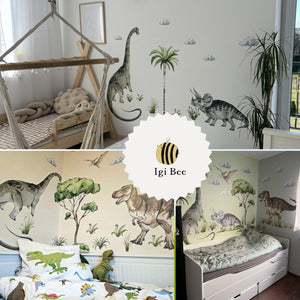 Tyrannosaurus and Velociraptors dinosaur wall stickers - prehistoric theme decor for kids room by Igibee