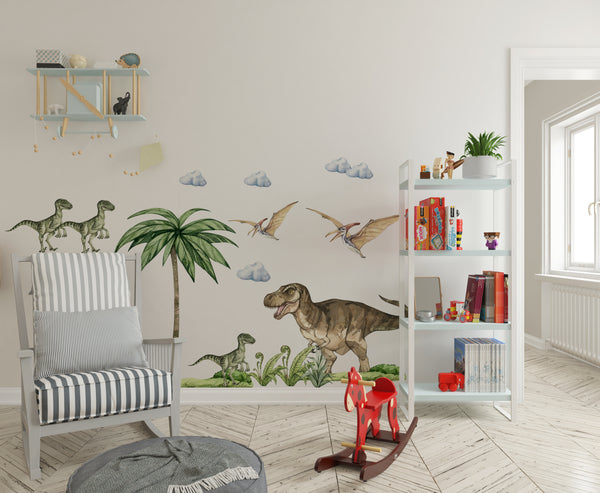 Tyrannosaurus and Velociraptors dinosaurs wall stickers - prehistoric creatures for kids room by Igibee