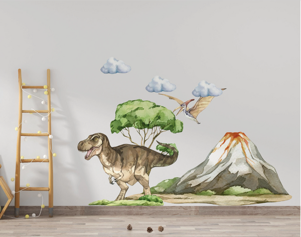Tyrannosaurus and volcano wall sticker - prehistoric dinosaur scene for kids room by Igibee