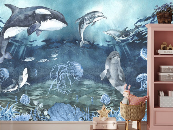 Underwater sea lagoon wallpaper detail with dolphins by Igibee