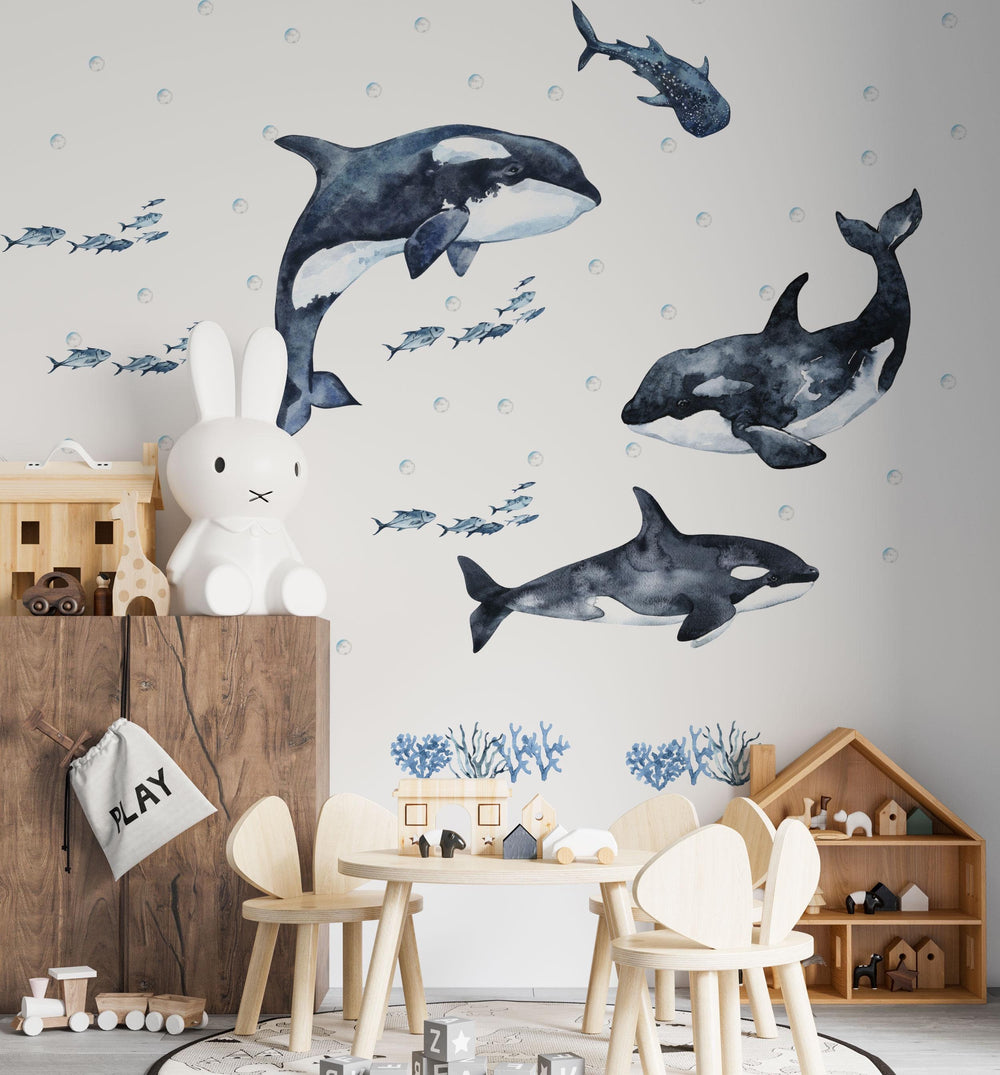 Underwater Adventure with Orcas sea animals wall decals - marine life nursery decor peel and stick by Igibee
