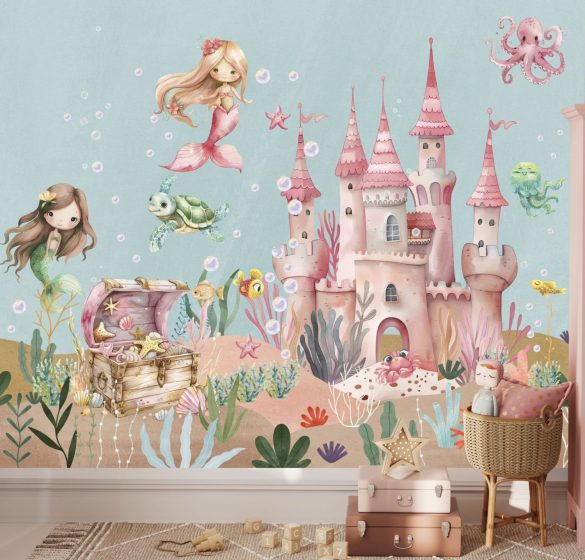 Underwater mermaid castle self-adhesive wall mural - magical ocean scene for kids room by Igibee