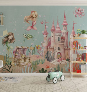 Underwater mermaid castle wall mural - self-adhesive fantasy wallpaper for kids bedroom by Igibee