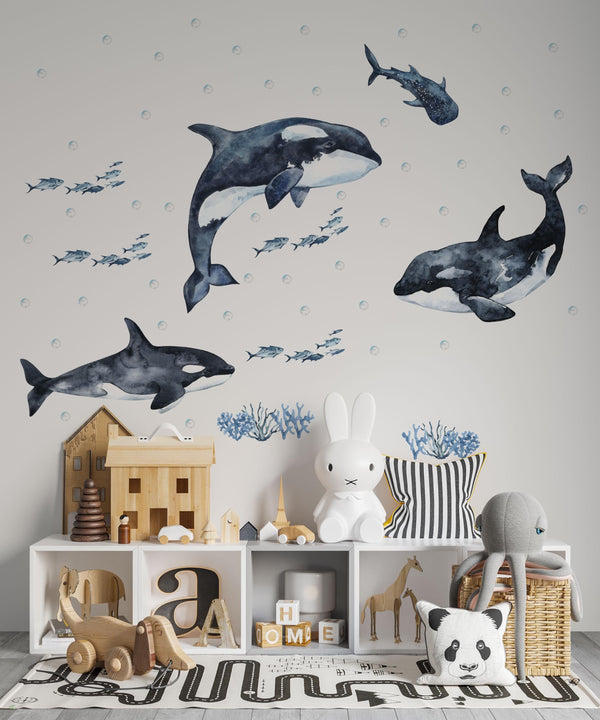 Underwater orca whale adventure wall decals - sea animals collection peel and stick for kids room by Igibee