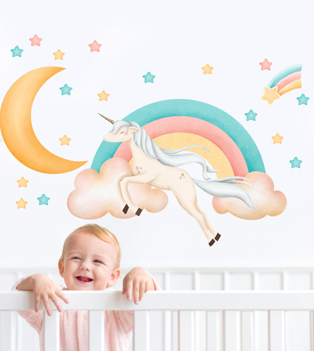 Unicorn and rainbow wall sticker for children - colorful nursery decor peel and stick by Igibee