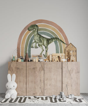 Velociraptor and rainbow dinosaur wall decals - colorful prehistoric theme for kids bedroom by Igibee