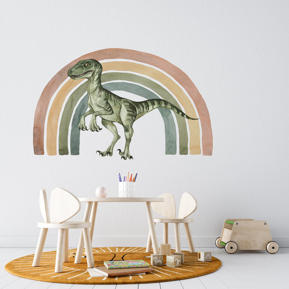 Velociraptor and rainbow dinosaur wall decals - colorful peel and stick nursery decor by Igibee