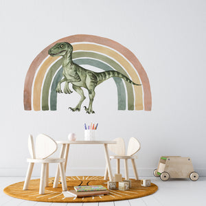 Velociraptor and rainbow dinosaur wall decals - colorful peel and stick nursery decor by Igibee