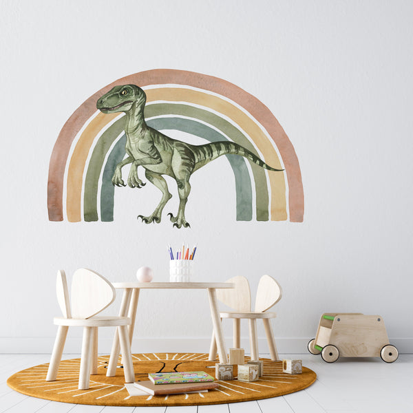 Velociraptor and rainbow dinosaur wall decals - colorful peel and stick nursery decor by Igibee