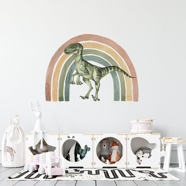 Velociraptor and rainbow dinosaur wall decals - colorful prehistoric nursery decoration by Igibee
