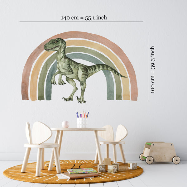 Velociraptor and rainbow dinosaur wall decals - colorful prehistoric theme for kids room by Igibee