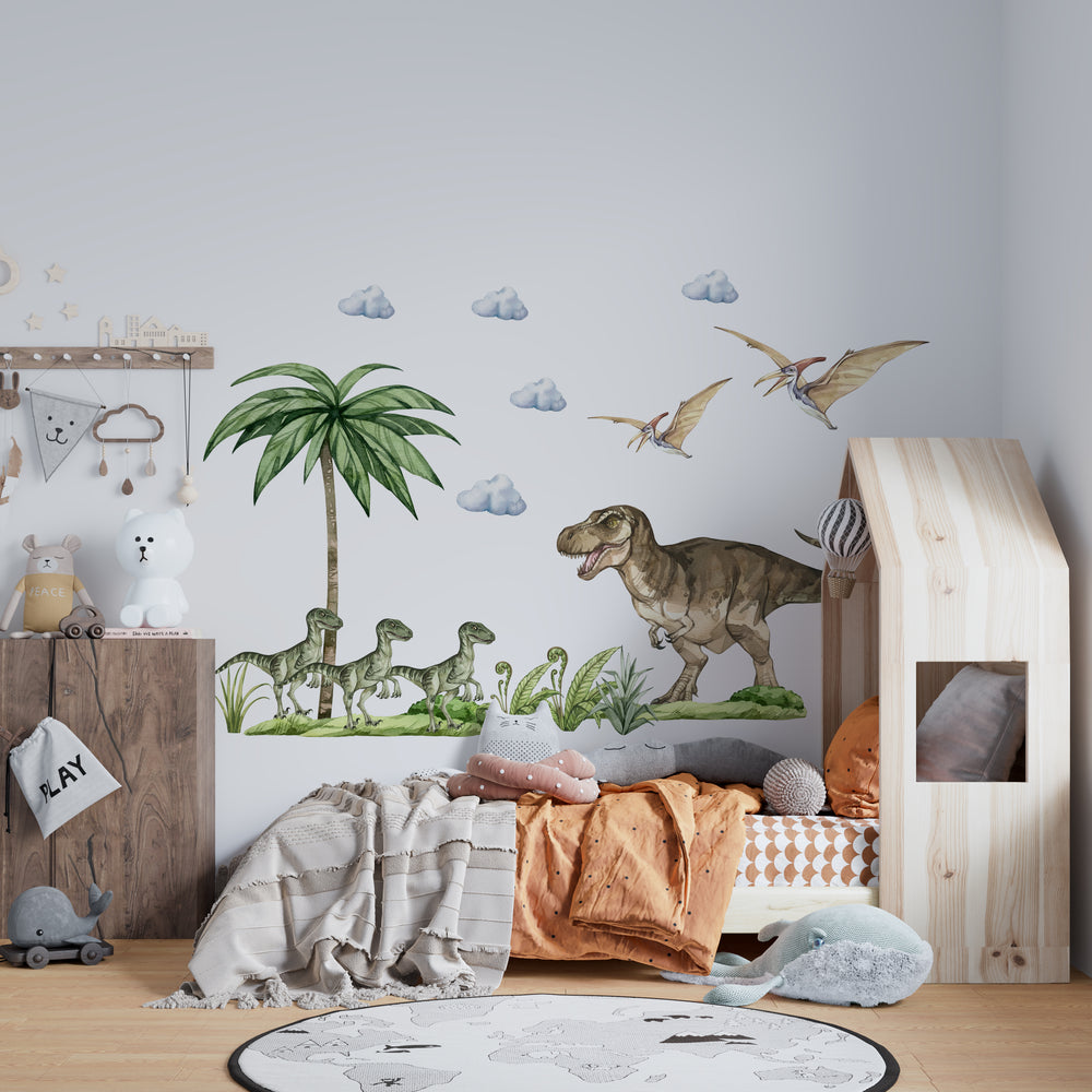 Tyrannosaurus and Velociraptors dinosaurs wall stickers - prehistoric creatures for kids room by Igibee