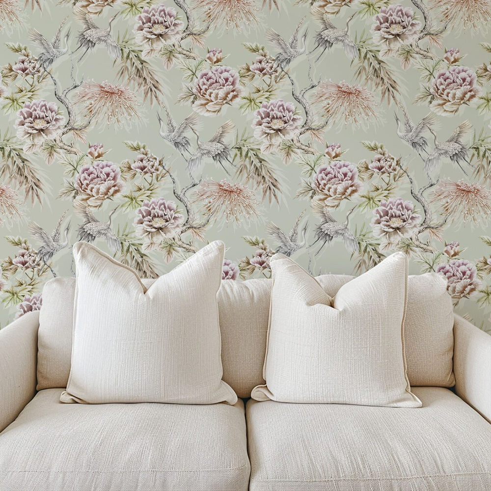 Chinoiserie crane wallpaper by Igibee