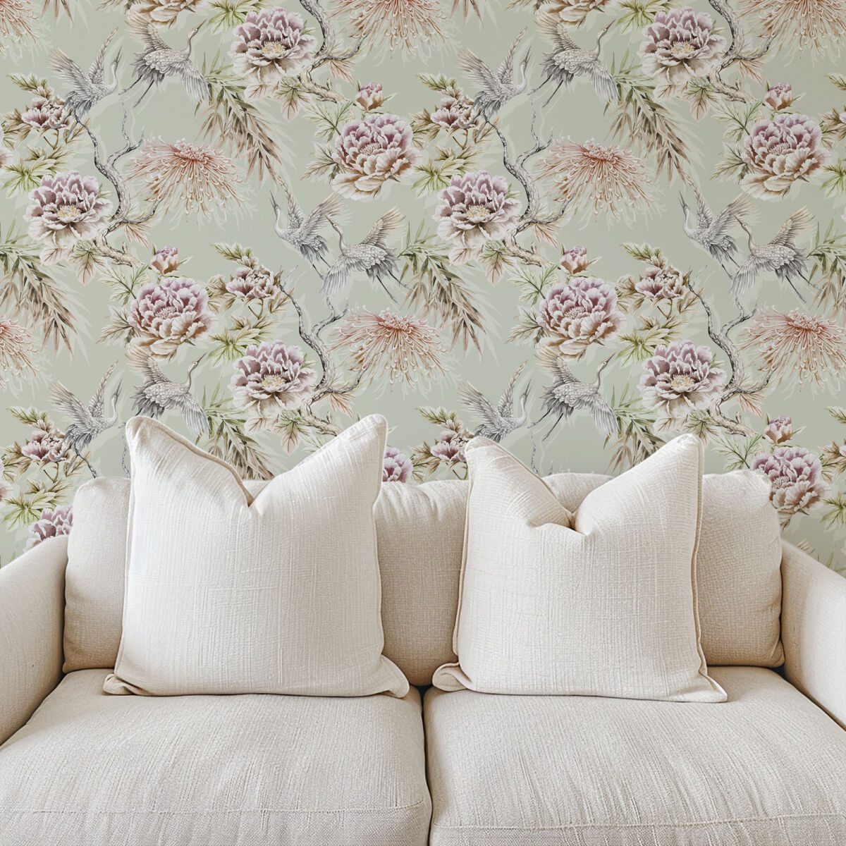 Crane and botanical wallpaper mural by Igibee