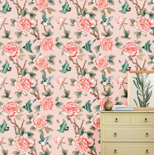 Vintage chinoiserie wallpaper with birds and flowers - elegant traditional design for kids bedroom by Igibee