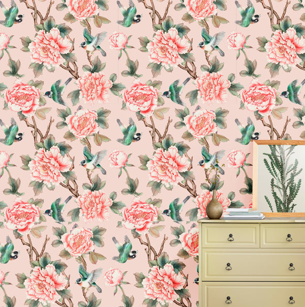 Vintage chinoiserie wallpaper with birds and flowers - elegant traditional design for kids bedroom by Igibee