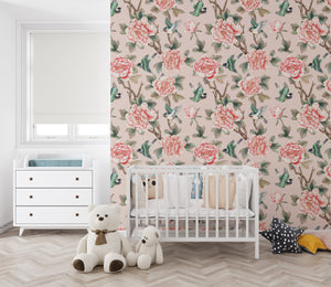 Vintage chinoiserie wallpaper with botanical birds - elegant traditional design for nursery decor by Igibee