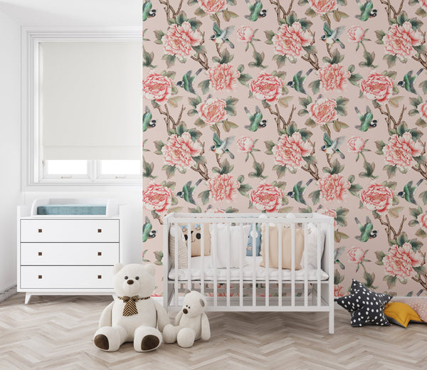 Vintage chinoiserie wallpaper with botanical birds - elegant traditional design for nursery decor by Igibee
