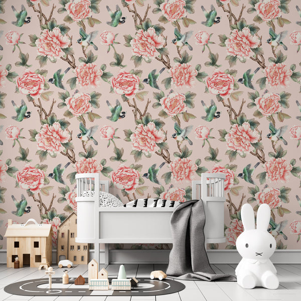 Vintage chinoiserie wallpaper with delicate floral birds - elegant traditional design for sophisticated rooms by Igibee