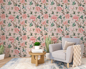 Vintage chinoiserie wallpaper with floral birds - traditional oriental design for elegant room decor by Igibee