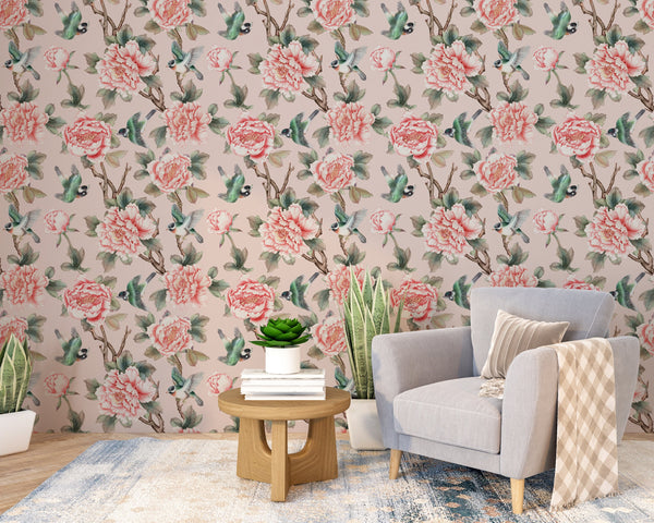 Vintage chinoiserie wallpaper with floral birds - traditional oriental design for elegant room decor by Igibee