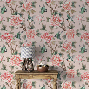 Vintage chinoiserie wallpaper - traditional floral birds pattern for elegant room decor by Igibee