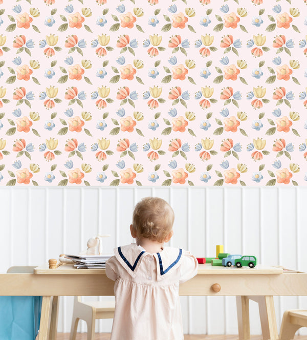 Vintage style floral wallpaper - classic blooms pattern for girls bedroom decor by Igibee