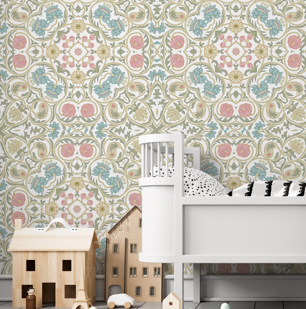 Vintage floral wallpaper with classic blooms - elegant peel and stick design for nursery and kids rooms by Igibee